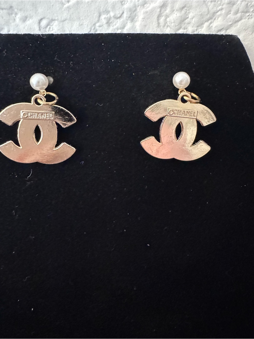 Gold Double-C Drop Earrings with Turquoise Crystals and Pearl Studs - Picture 2 of 2